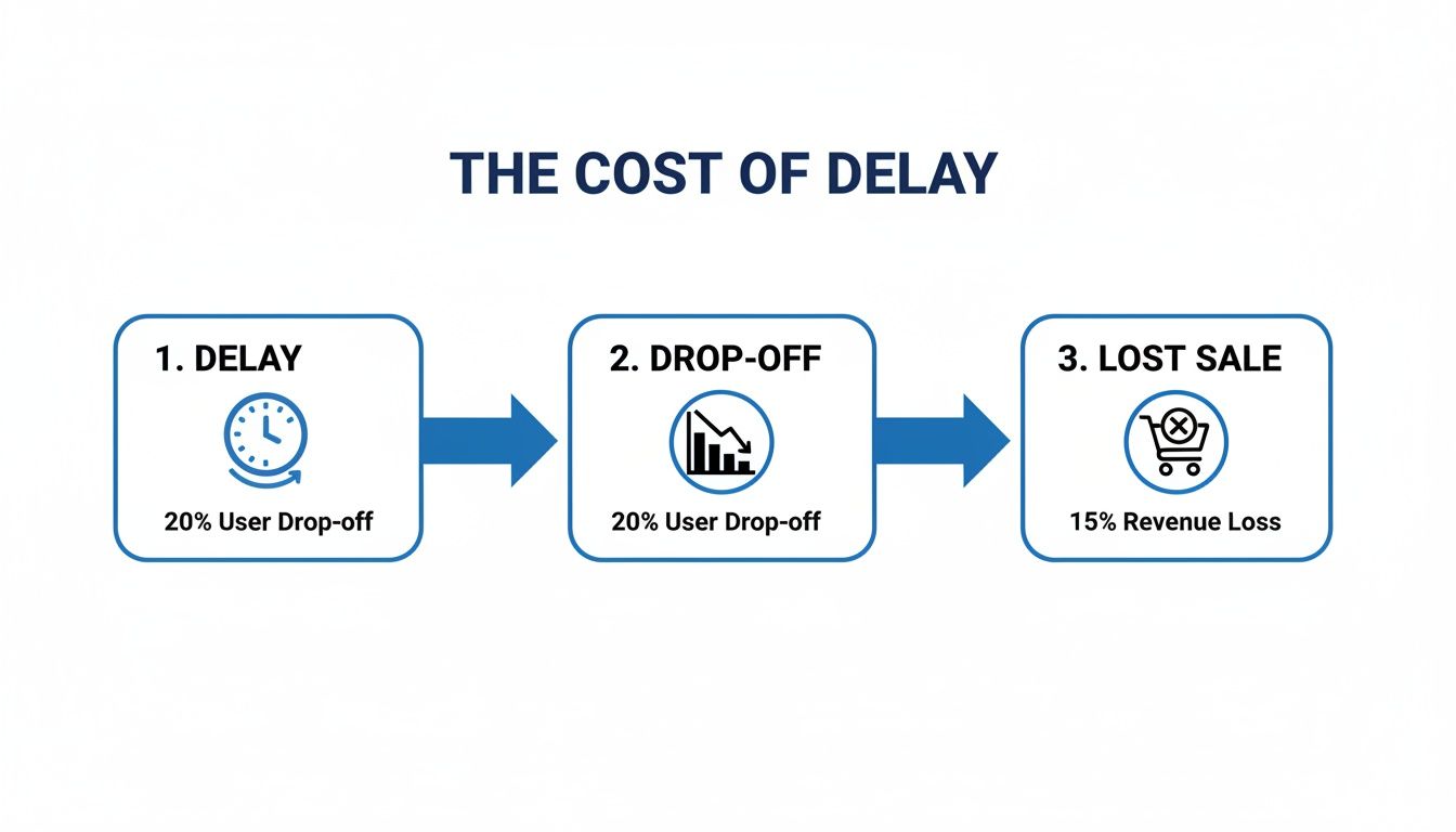 Flowchart illustrating the cost of delay, showing user drop-off percentages and revenue loss.