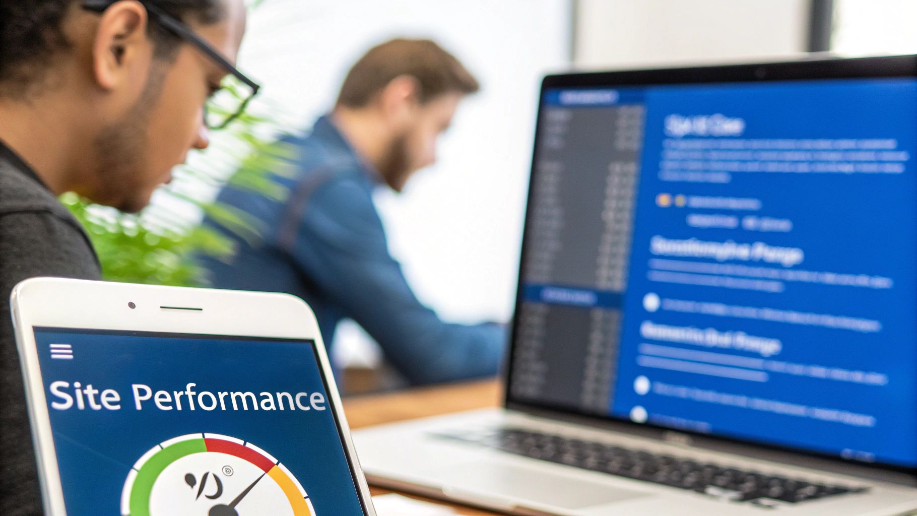 A person monitoring site performance on a smartphone displaying a high score, with a blurred laptop in the background.