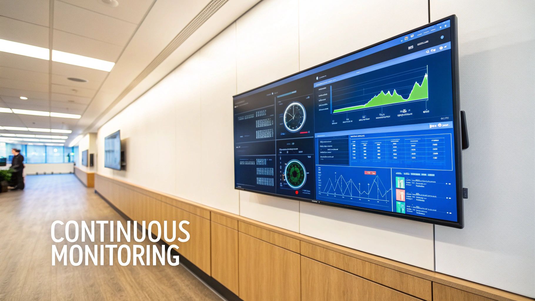 Large screen displaying real-time data dashboards, graphs, and metrics for continuous monitoring in a modern office hallway.
