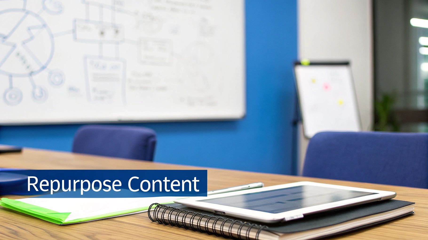 Modern conference room with a whiteboard, tablet, notebook, and folder, featuring 'Repurpose Content' text.