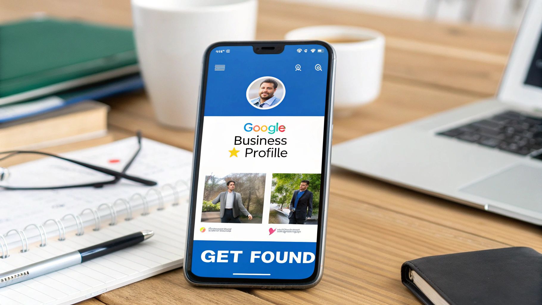Smartphone displaying Google Business Profile with a 'GET FOUND' button on a wooden desk setup.