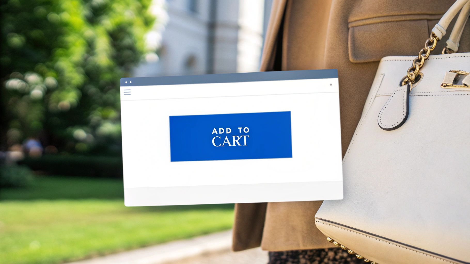 A shopper holding a white purse, with a digital 'Add to Cart' button overlay, illustrating online shopping.