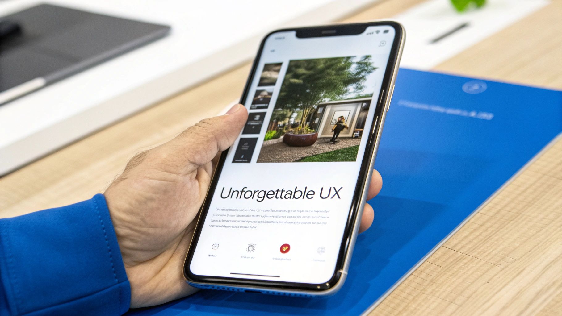 Hand holding a smartphone displaying a webpage titled 'Unforgettable UX' with an outdoor image.