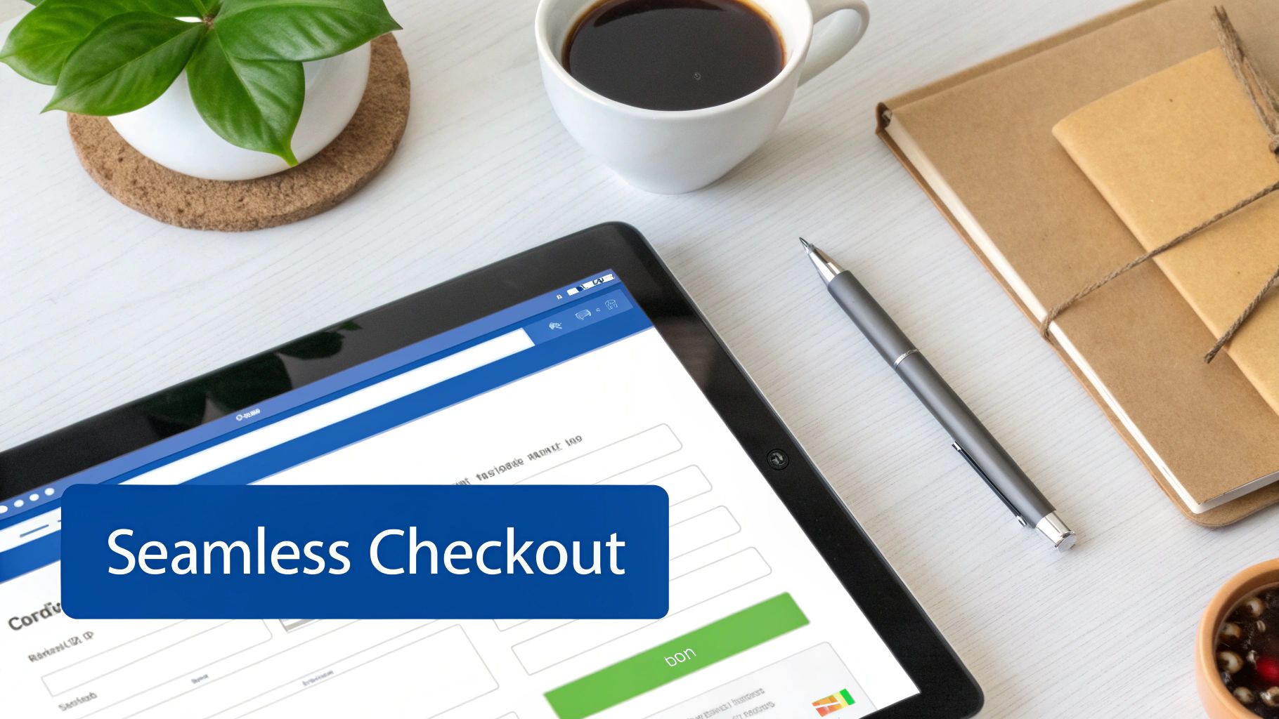 A top-down view of a modern workspace with a tablet displaying an online form and 'Seamless Checkout'.