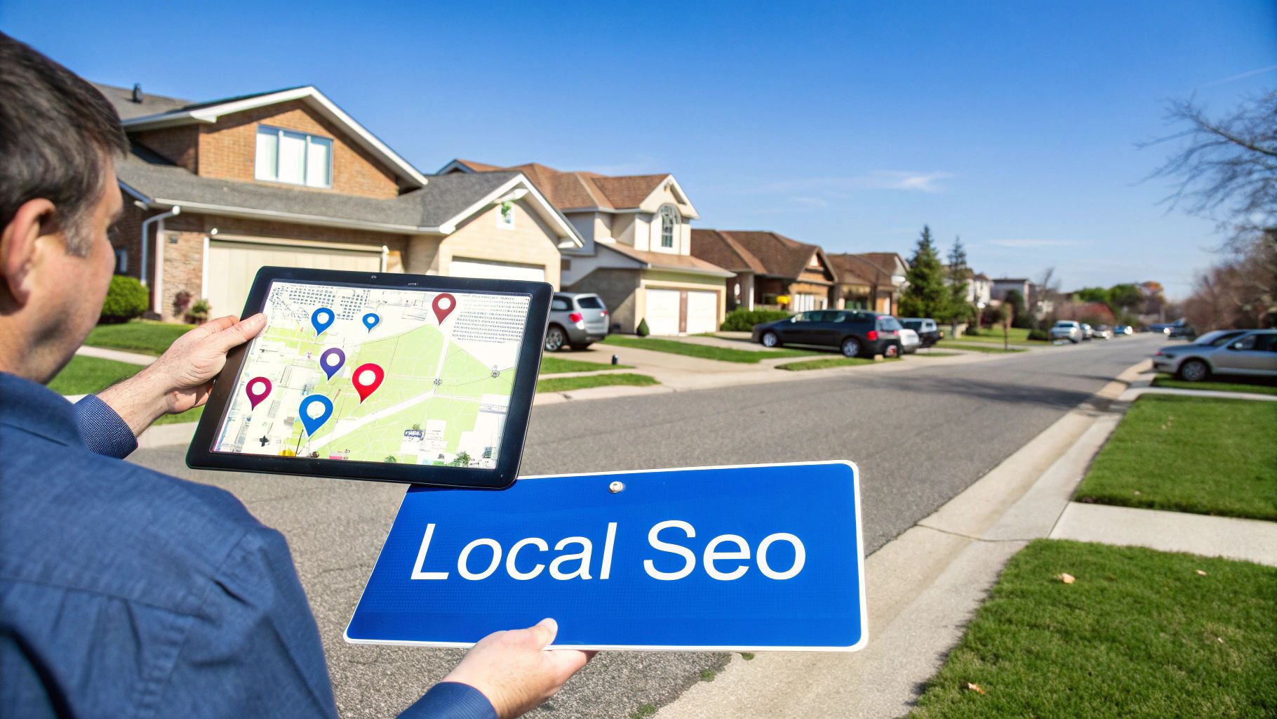 A person holds a tablet displaying a map with location pins and a "Local Seo" sign in a suburban neighborhood.