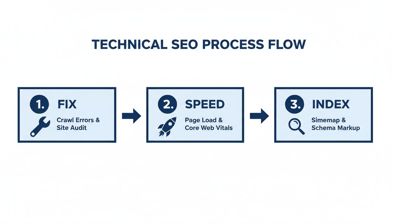 Technical SEO process flow diagram: Fix crawl errors, optimize page speed, and ensure proper sitemap and schema indexing.