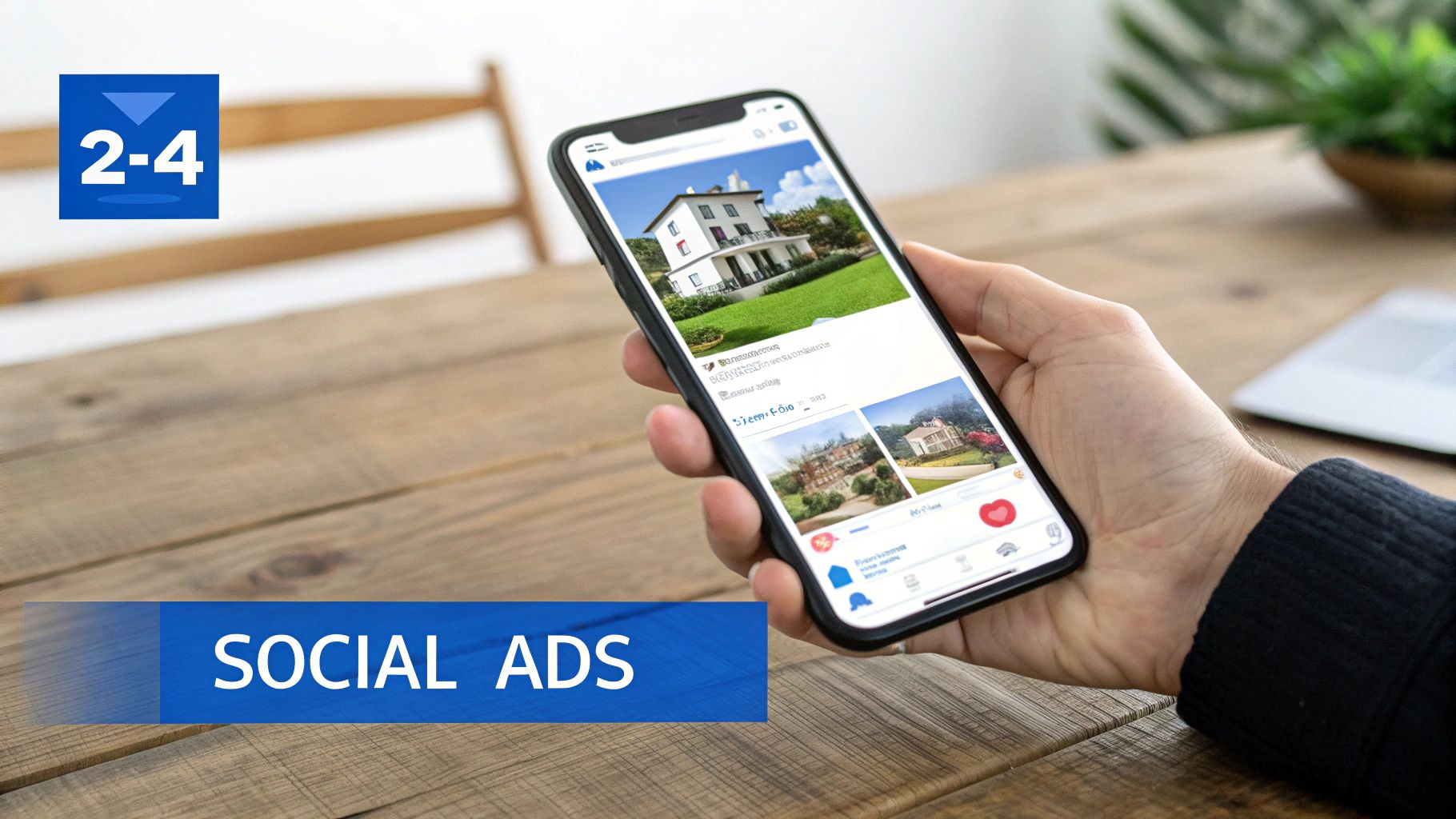 A hand holds a smartphone displaying social media ads for real estate properties with houses and green lawns.