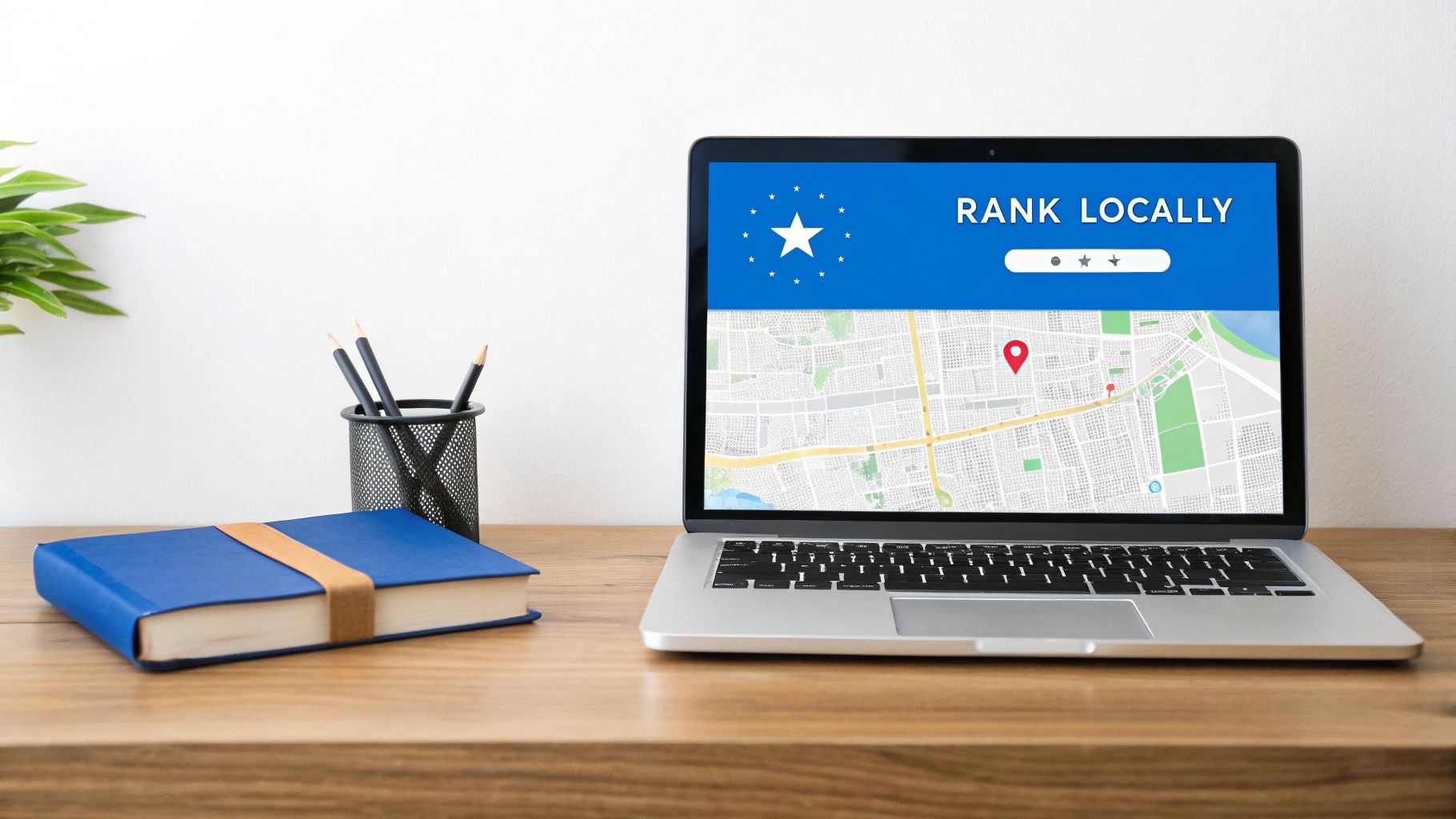 A laptop on a wooden desk displays 'RANK LOCALLY' with a map, alongside a blue book and pencils.