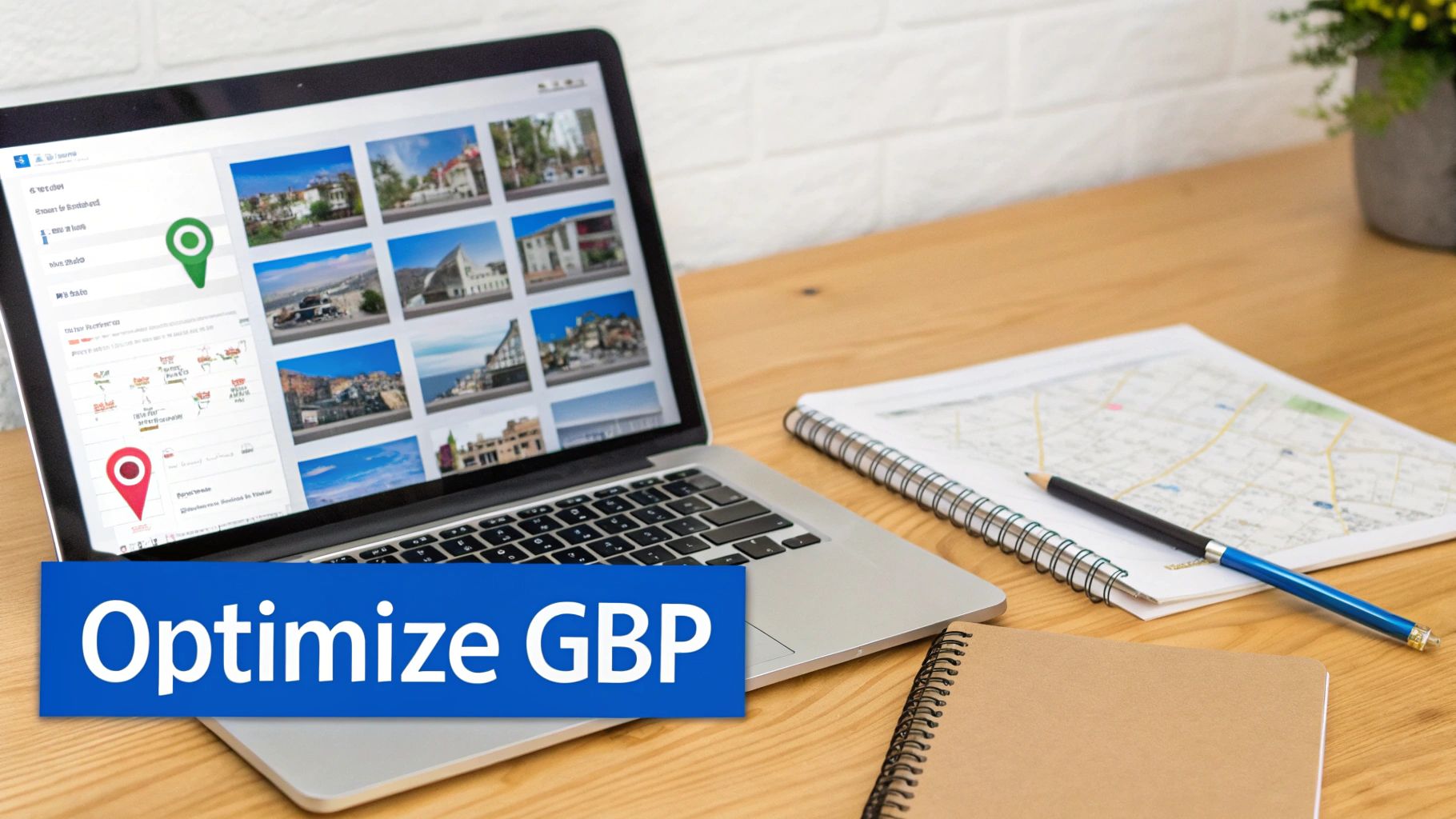 Laptop on a wooden desk showing a location management website with a map, optimizing local SEO.