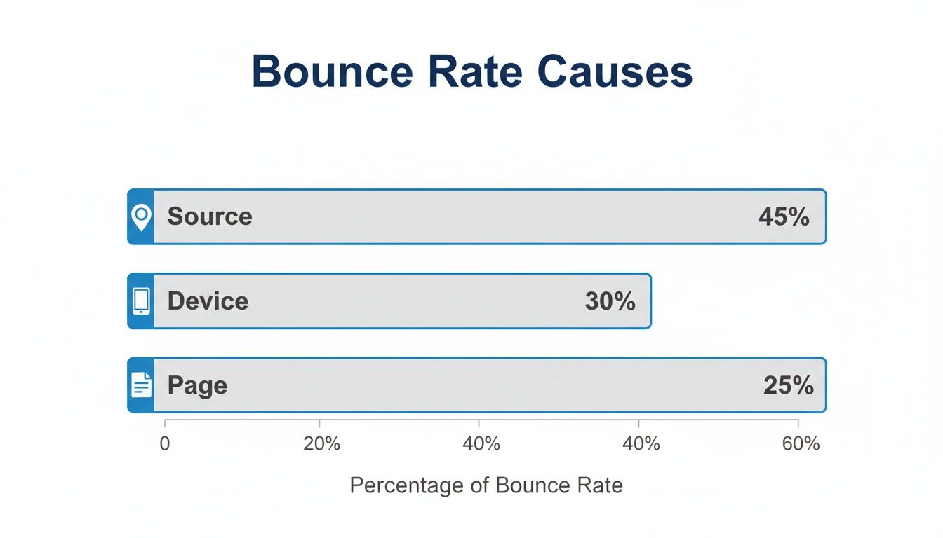 Horizontal bar chart showing bounce rate causes: Source 45%, Device 30%, Page 25%.