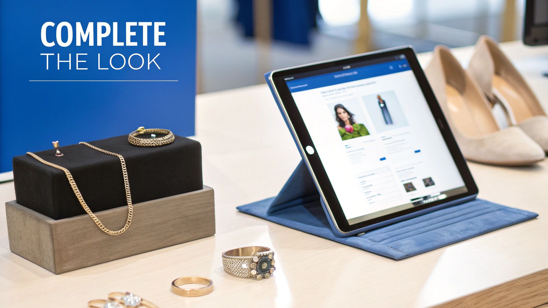 Jewelry display featuring a gold necklace, bracelet, and rings, beside a tablet showing fashion items to complete the look.