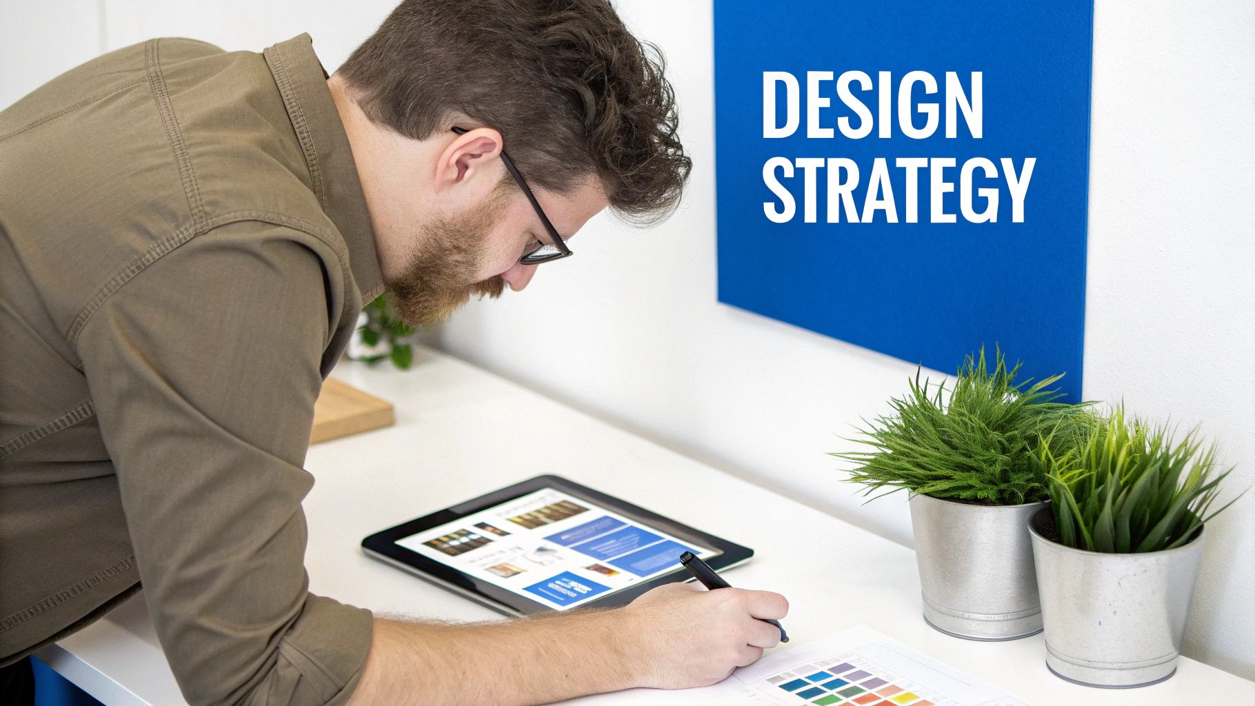 Man designing a website on a tablet with color swatches and a 'Design Strategy' sign.