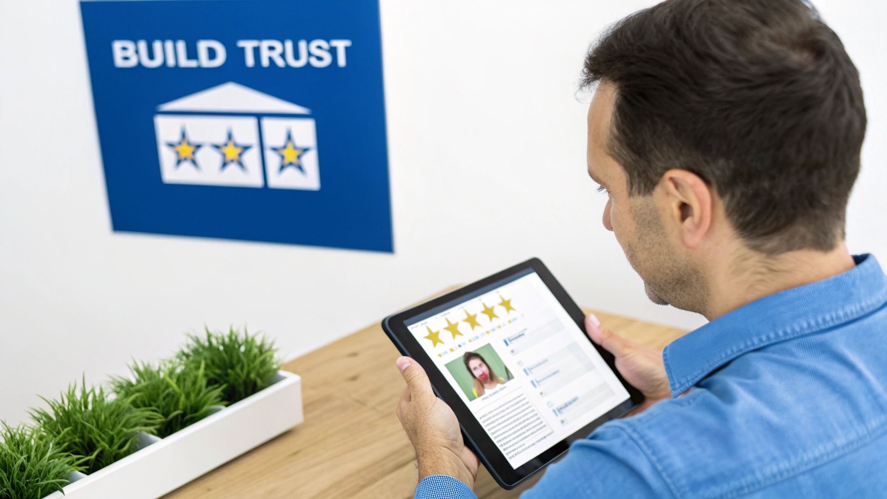 Man viewing customer reviews on a tablet, with a 'BUILD TRUST' sign in the background.