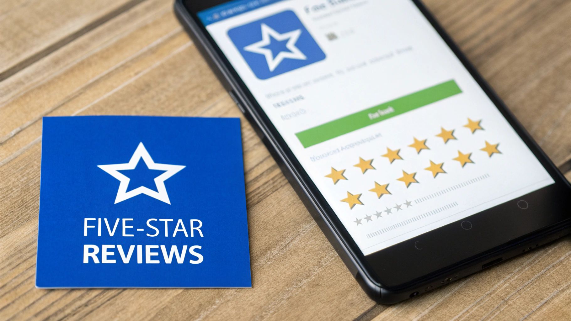 A smartphone displaying a five-star review app next to a blue card with 'FIVE-STAR REVIEWS' text.