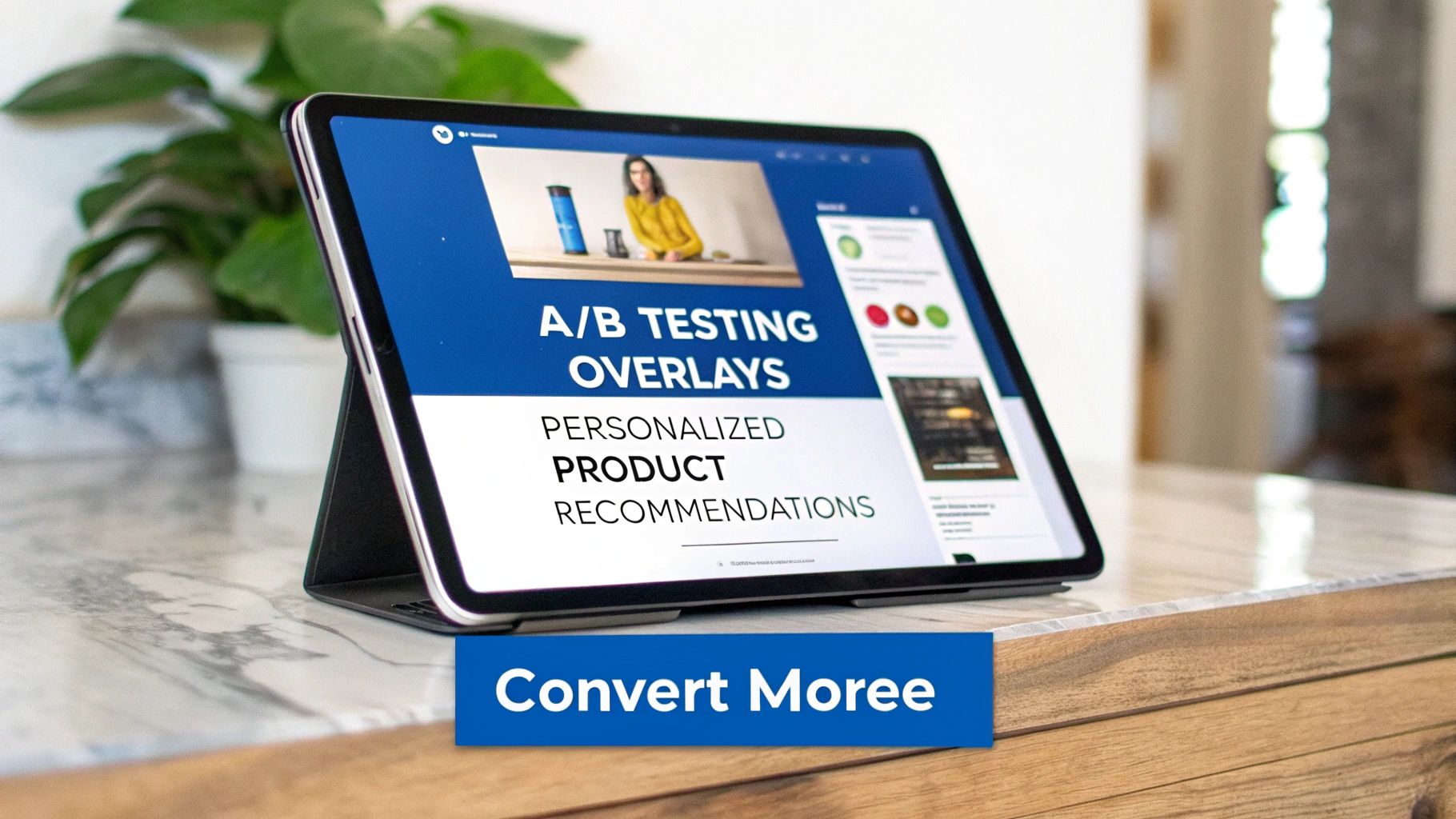 A tablet displays a presentation slide about A/B testing overlays and personalized product recommendations.