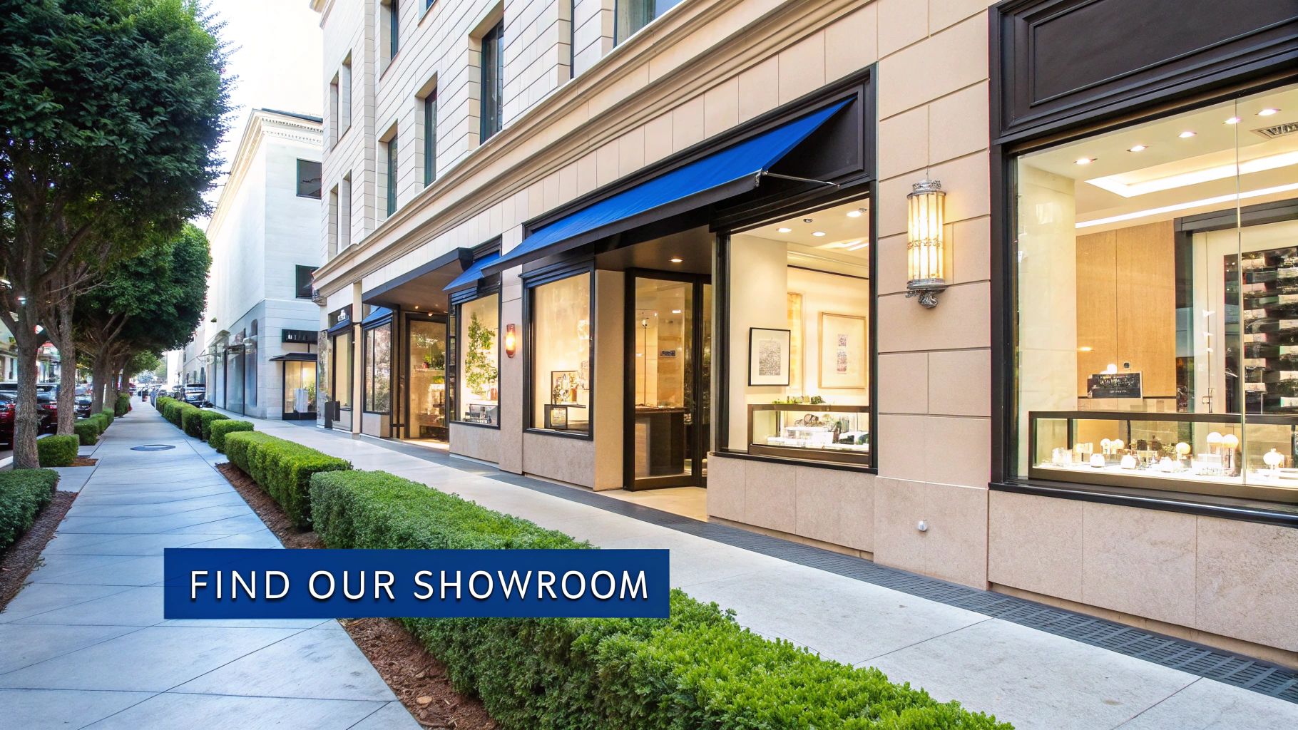 A sunny street view featuring luxury showrooms with blue awnings, a sidewalk, and green hedges.