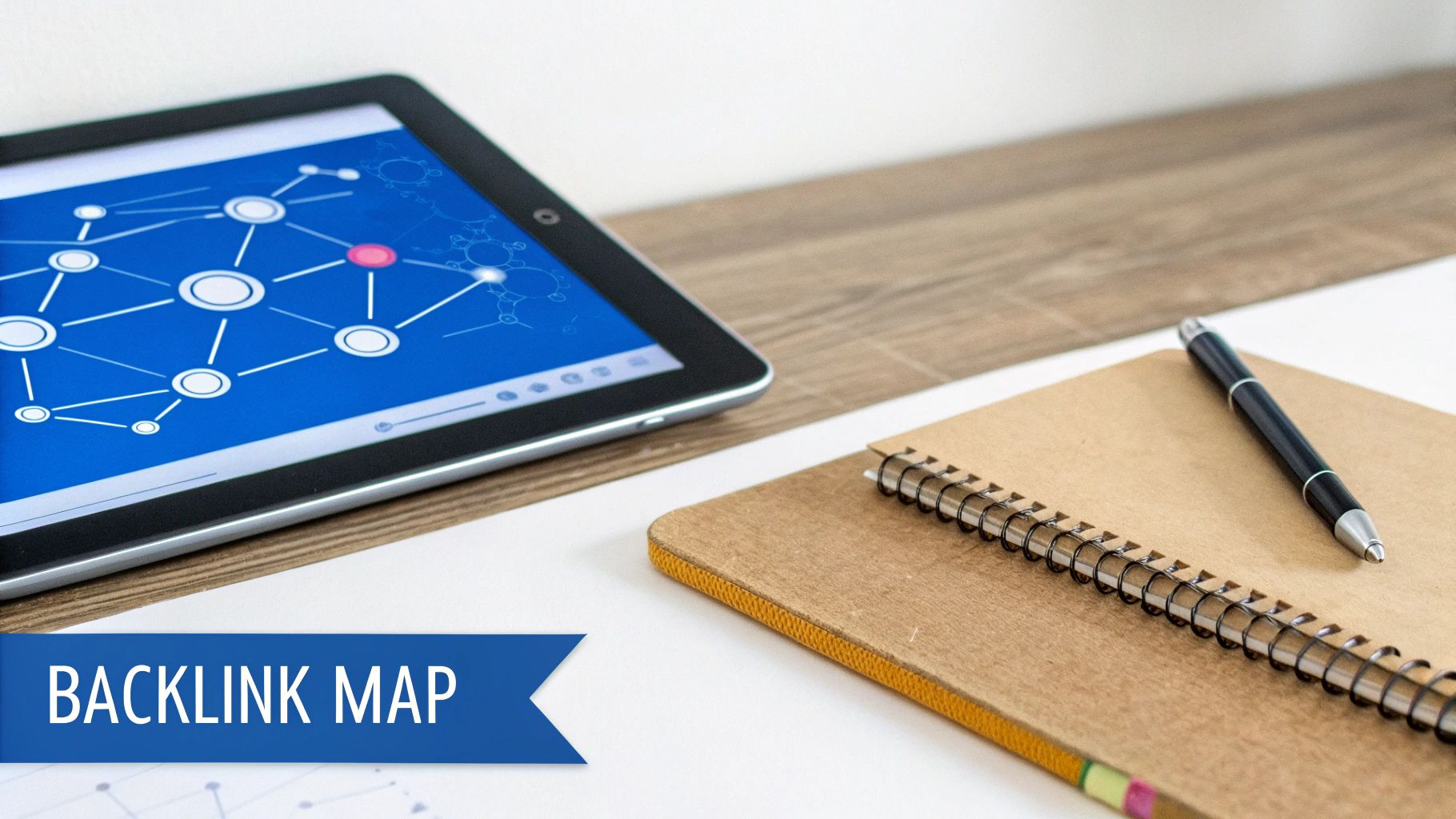 A tablet displays a digital network map, alongside a notepad and pen, signifying SEO strategy.