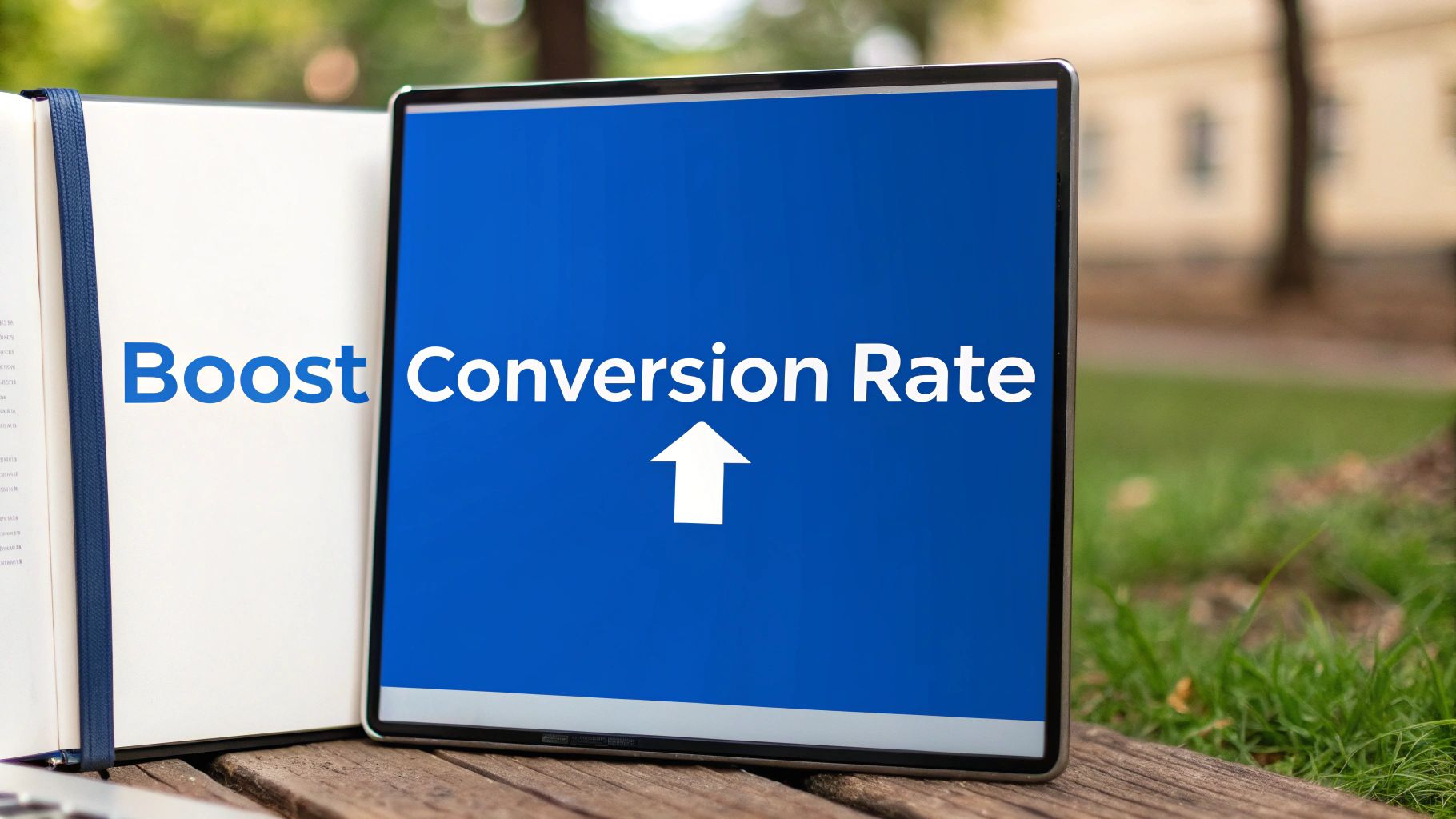 A tablet displaying 'Boost Conversion Rate' with an arrow pointing up, next to an open notebook.