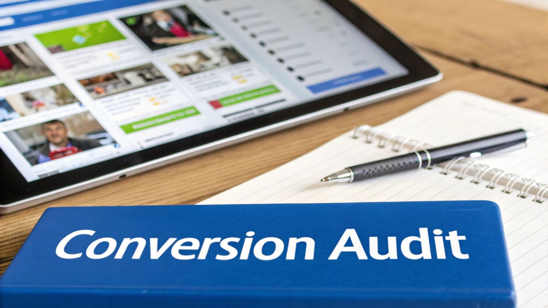 Blue 'Conversion Audit' box on a wooden desk with a tablet displaying digital content and a notepad with a pen.