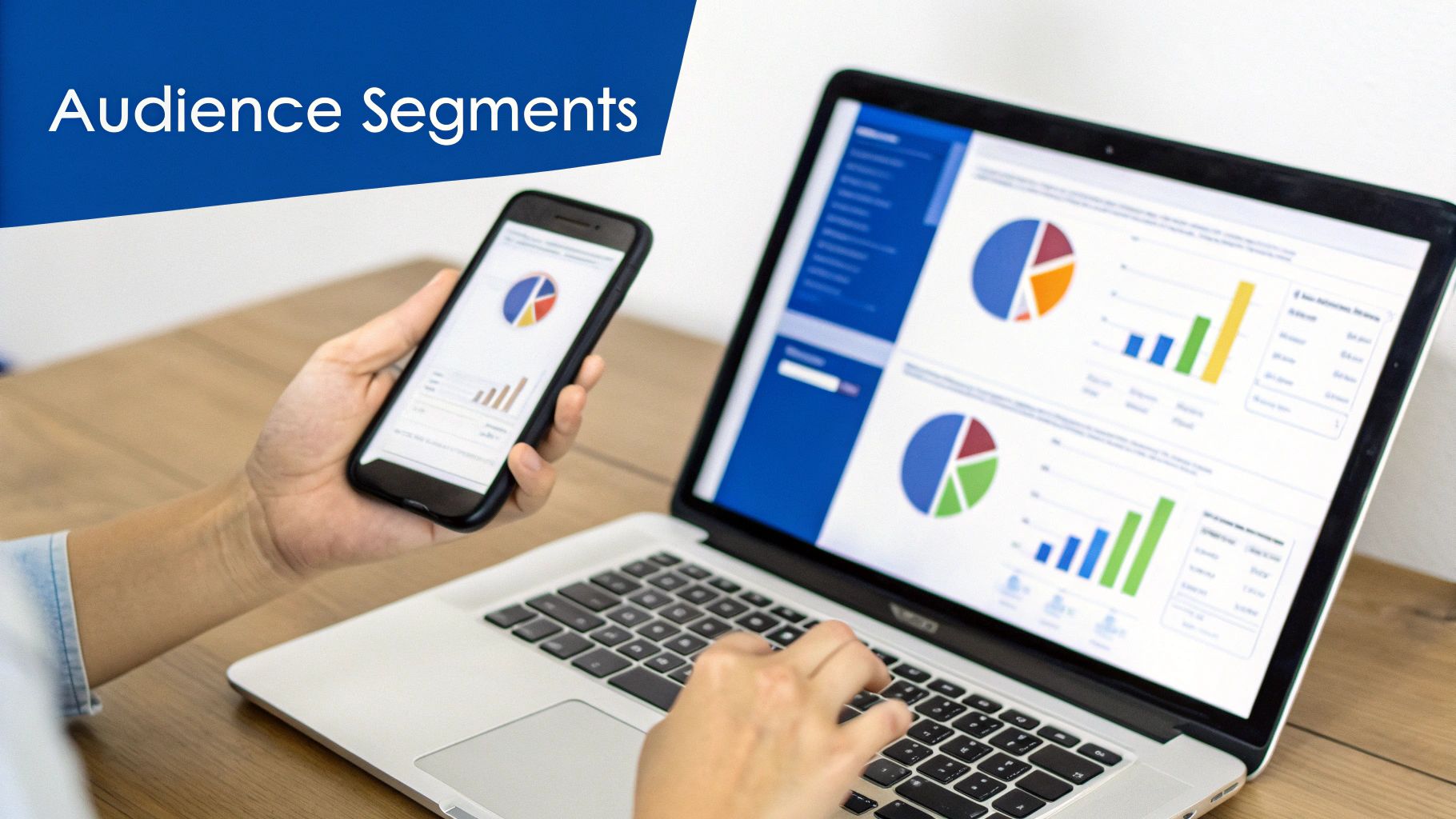 Person analyzing audience data on laptop and smartphone with various charts and graphs.