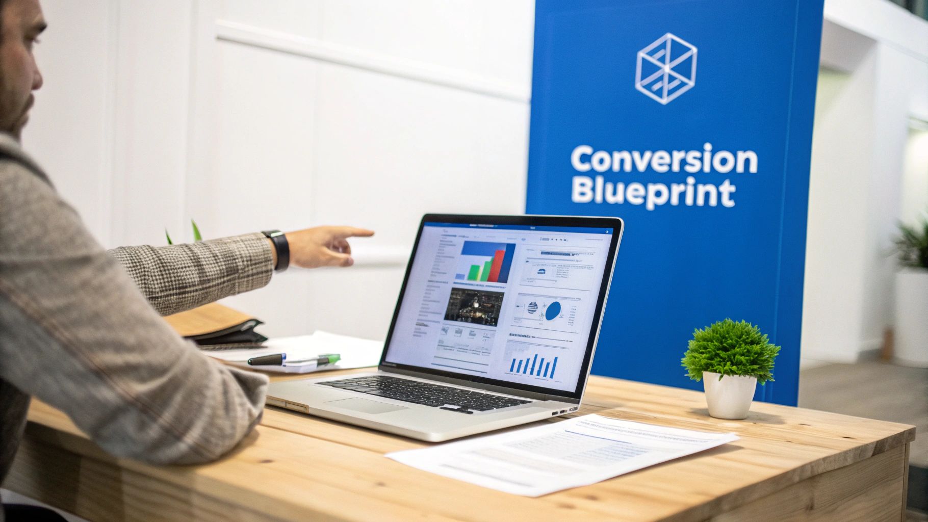 A man points at a laptop displaying conversion data and charts on a wooden desk.