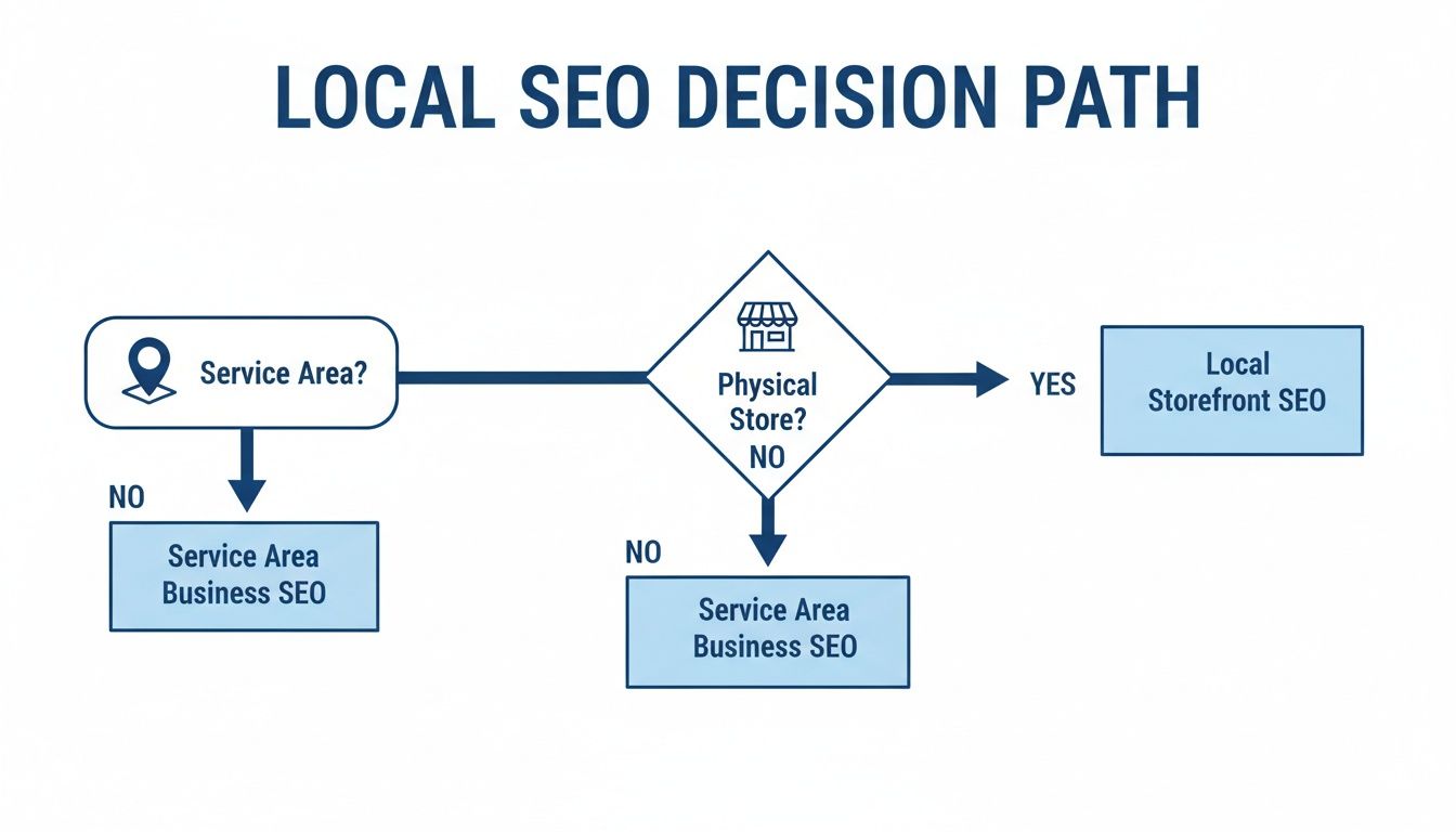 Flowchart illustrating the local SEO decision path for service area and physical storefront businesses.