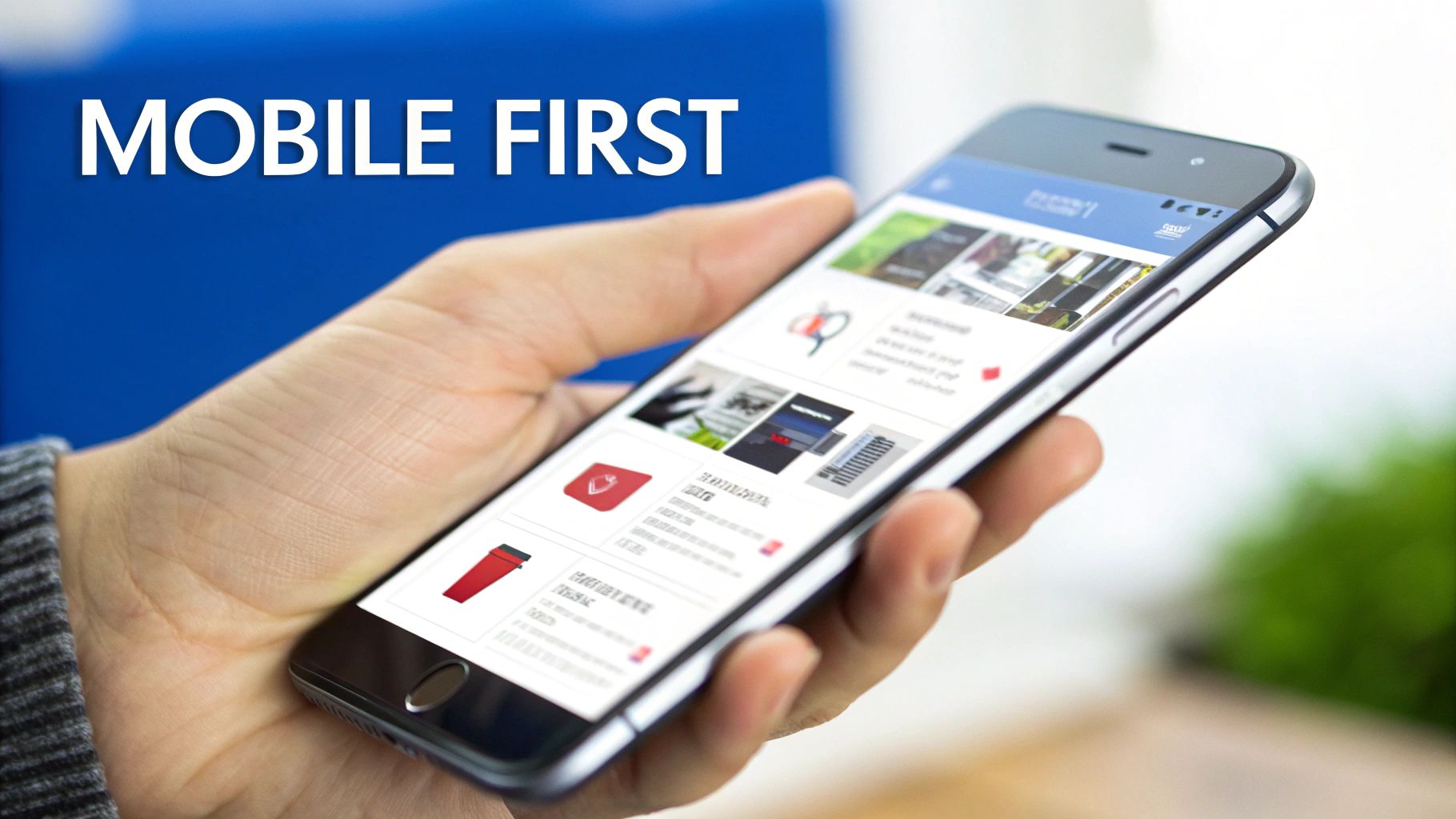 A hand holds a smartphone displaying a social media app, with 'MOBILE FIRST' text in the background.