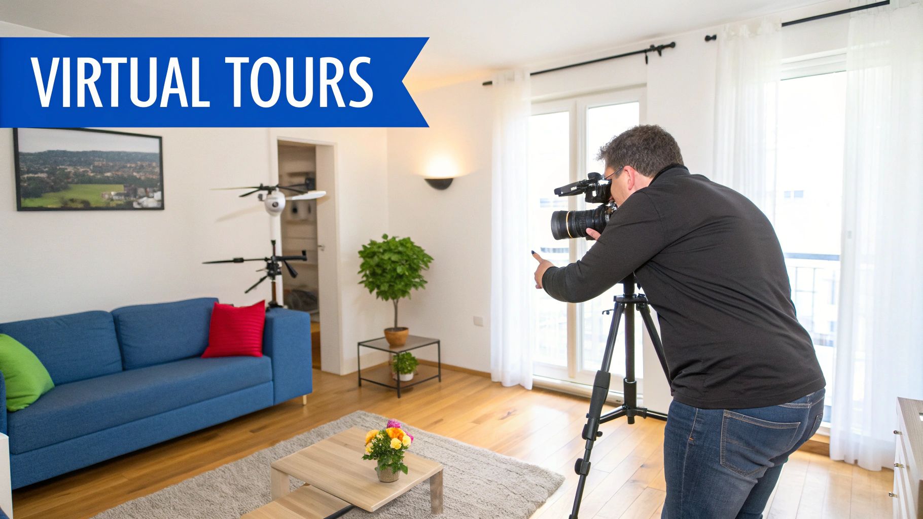 Photographer shooting a modern living room with a camera on a tripod for virtual real estate tours.