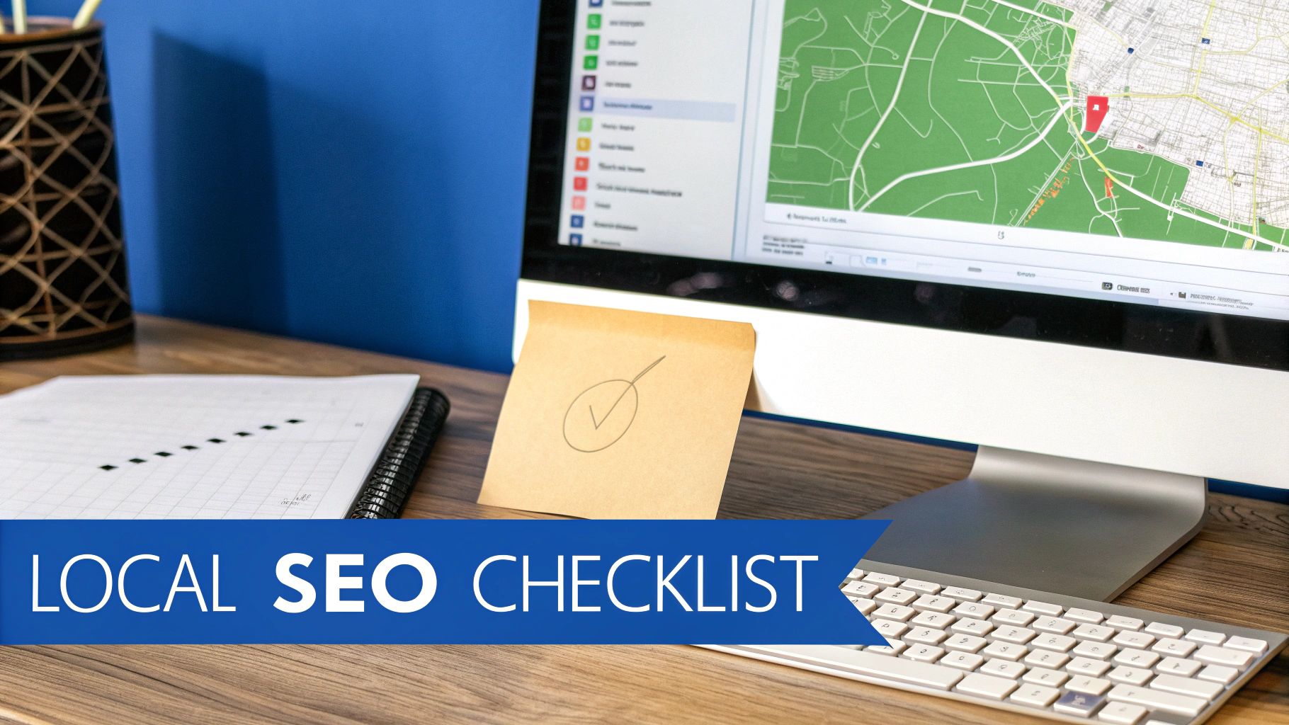 A desk with a computer displaying a map, a checkmark sticky note, and a keyboard for a local SEO checklist.