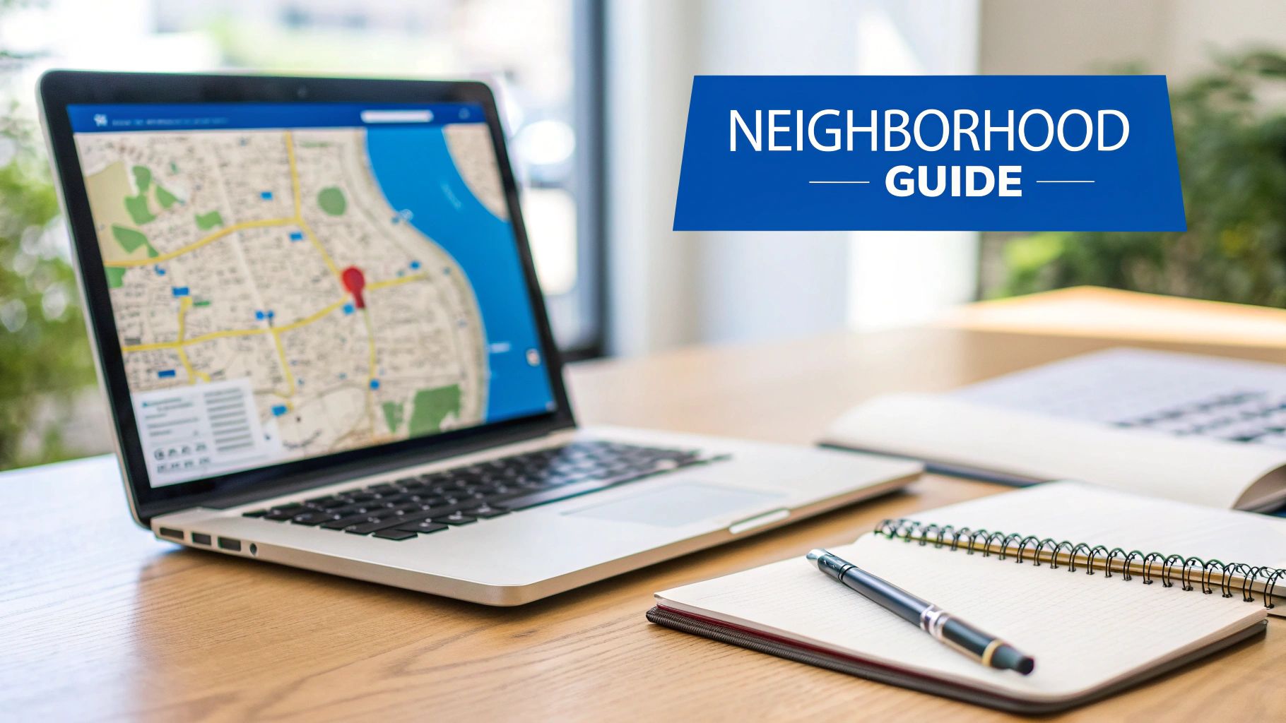 A laptop screen showing a neighborhood map with a red pin, next to a notebook and pen, with a 'Neighborhood Guide' banner.