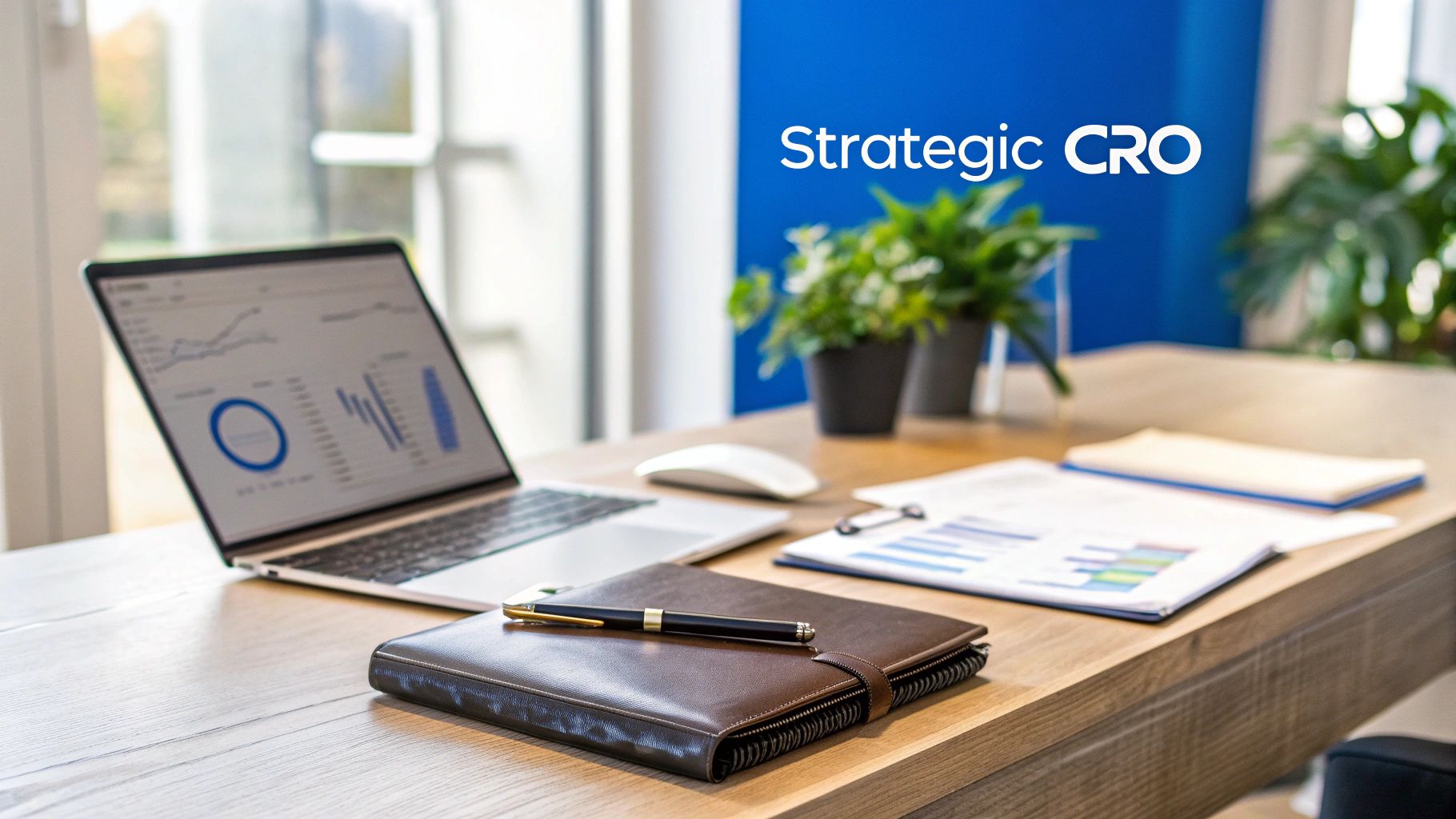 A modern desk setup with a laptop showing charts, a notebook, and plants, with 'Strategic CRO' on a blue wall.