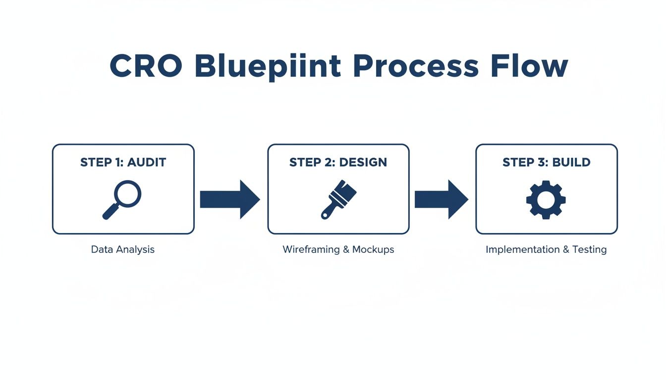 Infographic showing CRO blueprint process steps: audit, design, and build for optimal conversion rates.