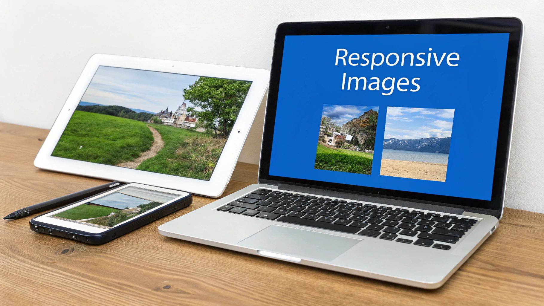 Laptop, tablet, and smartphone screens display responsive images for web optimization on a wooden desk.