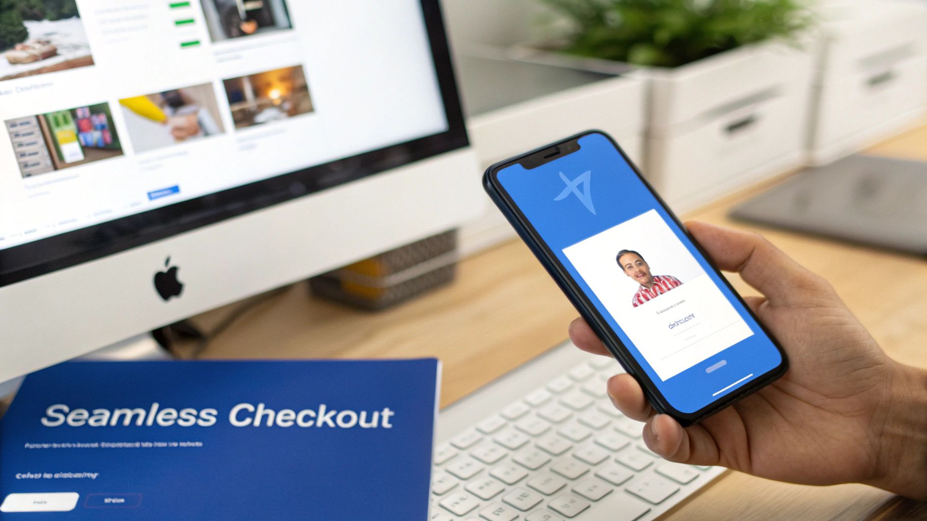 A person holds a smartphone displaying a login screen, with a computer and 'Seamless Checkout' document nearby.