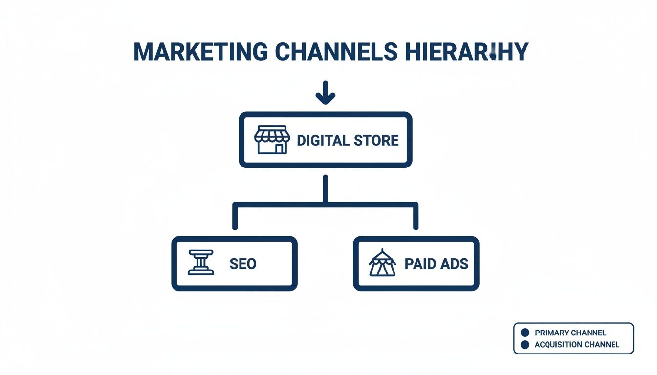 A diagram illustrates a marketing channels hierarchy, showing a Digital Store as the primary channel leading to SEO and Paid Ads.