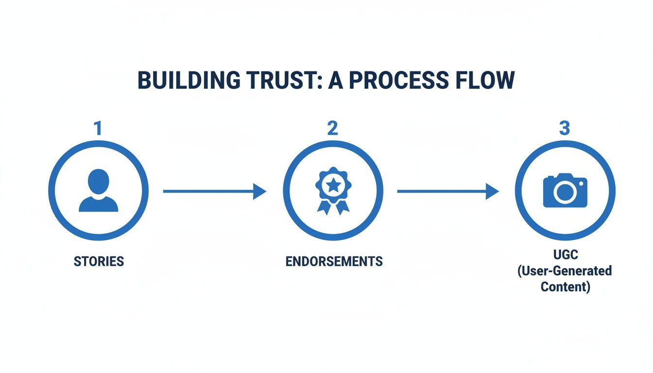 Process flow diagram showing how to build trust with stories, endorsements, and user-generated content (UGC).