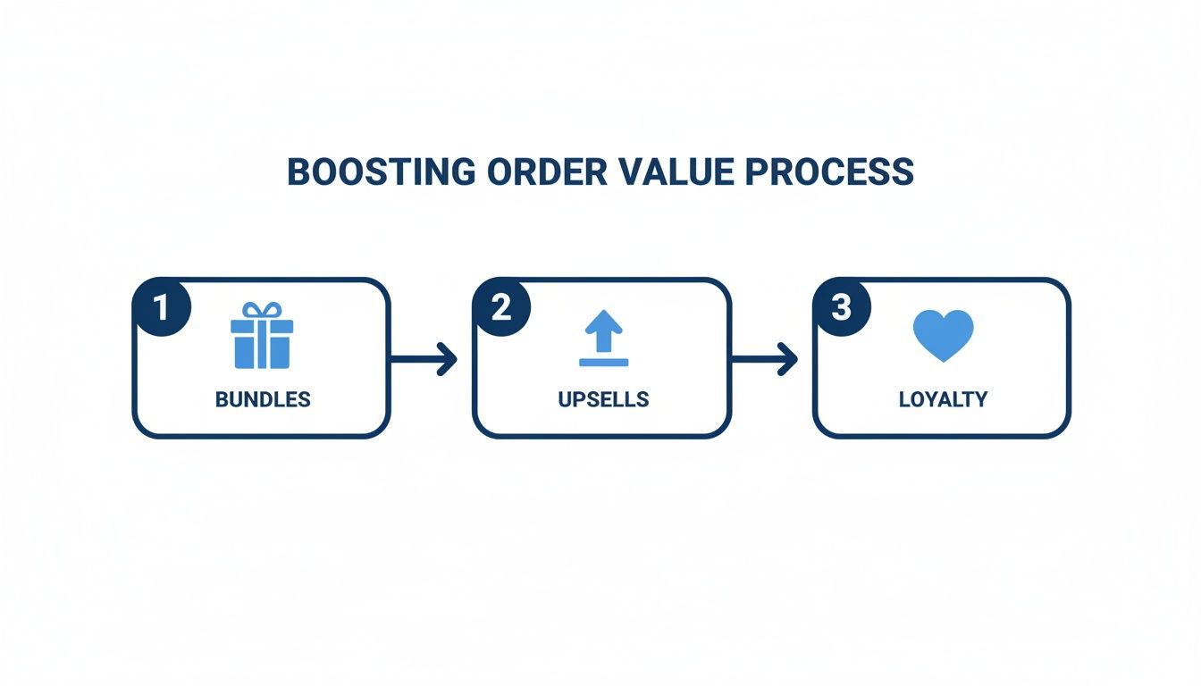 A three-step process to boost order value: bundles, upsells, and loyalty strategies.