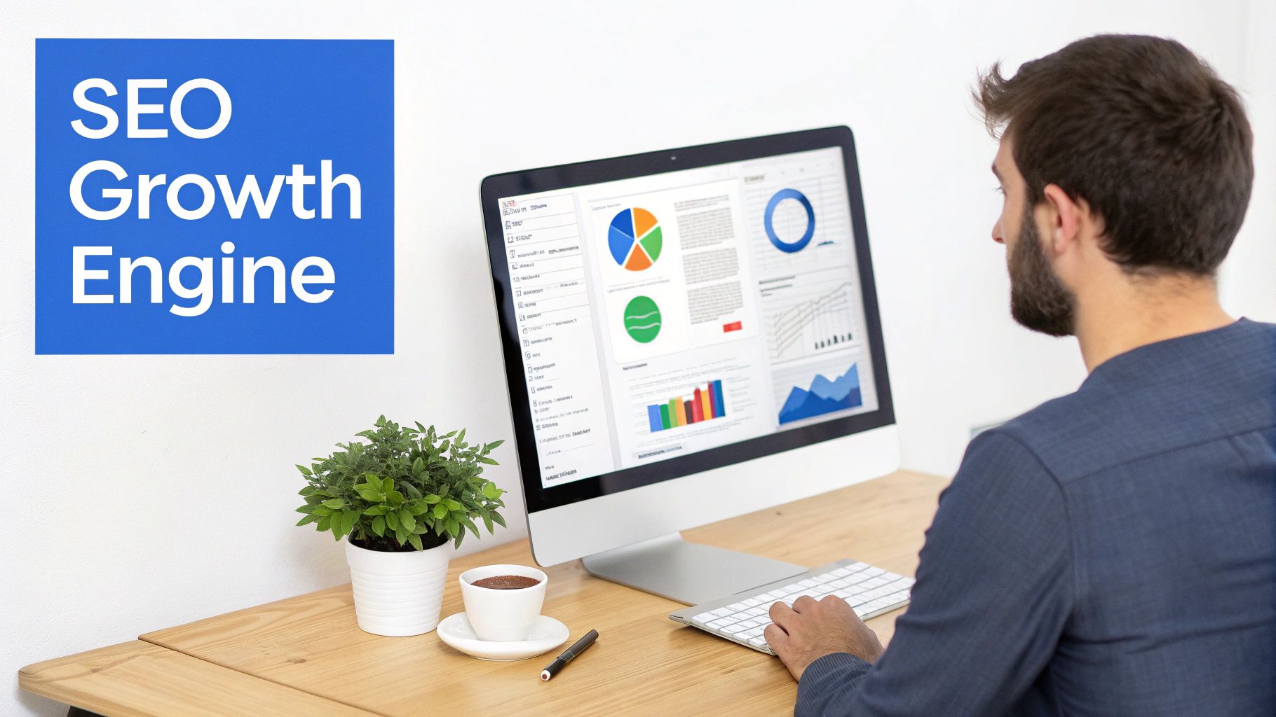 Man analyzing SEO growth data on a computer screen in an office setting with a plant.