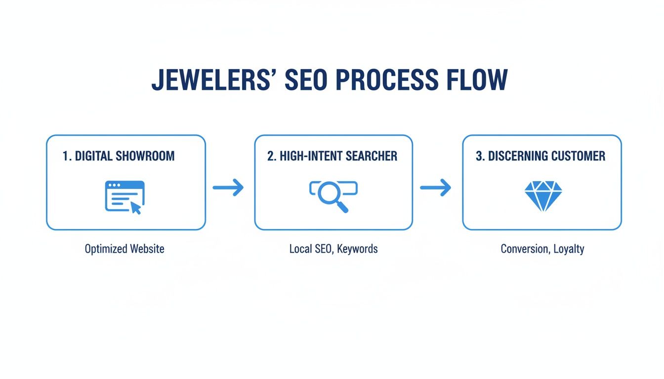 Diagram illustrating a jeweler's SEO process flow with steps for optimized website, high-intent searchers, and discerning customers.