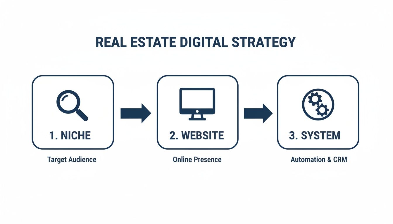Diagram outlining a real estate digital strategy with steps: Niche, Website, and System for success.