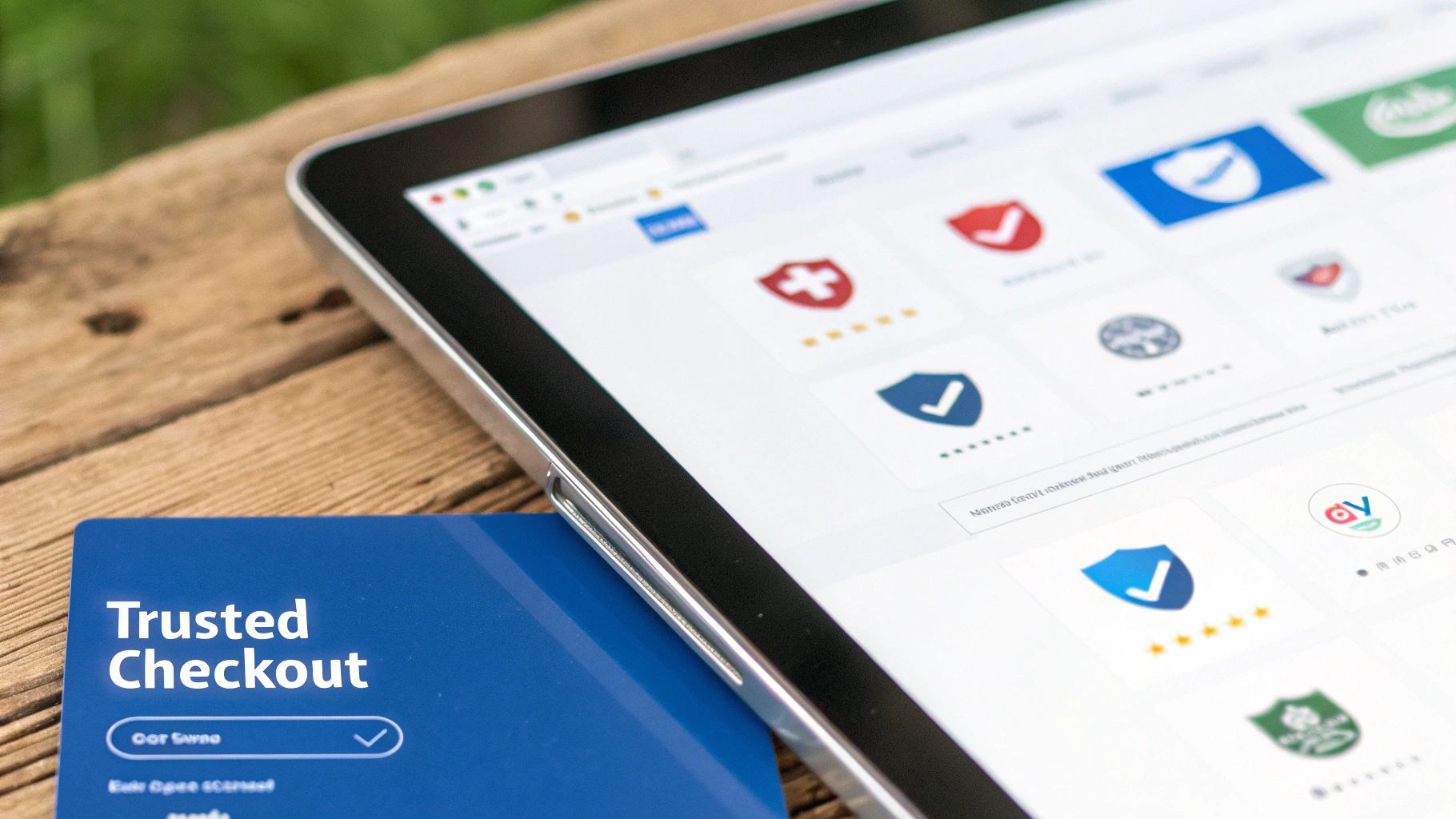 A tablet displaying various security badges and star ratings, next to a 'Trusted Checkout' card.