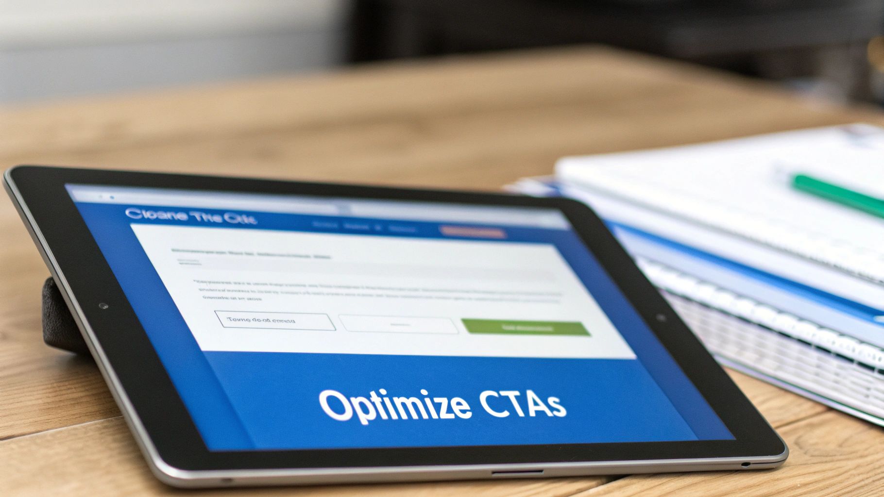 An iPad displaying a webpage about optimizing CTAs on a wooden desk with documents.