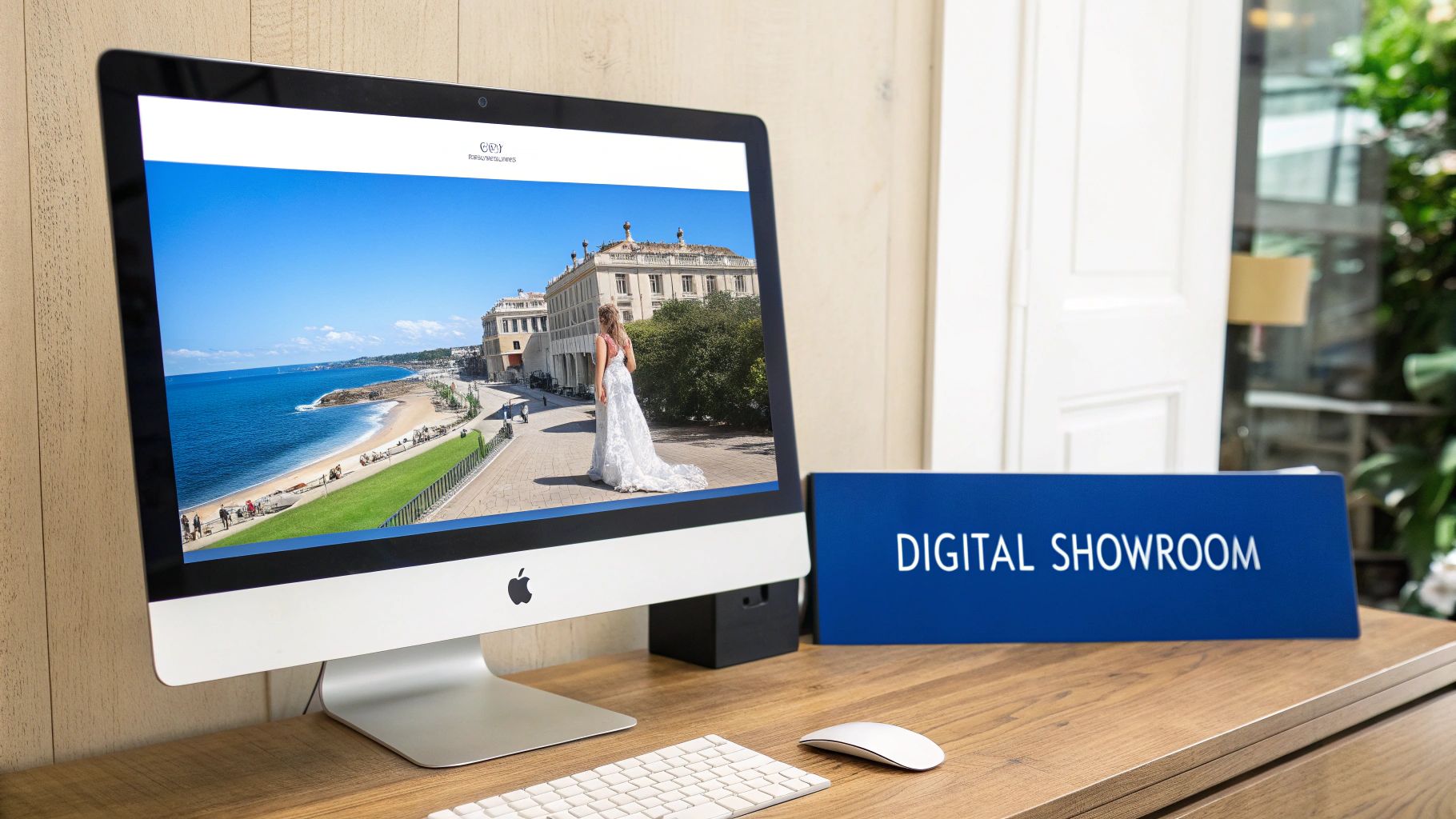 An Apple iMac computer on a wooden desk displays a wedding website, next to a 'DIGITAL SHOWROOM' sign.