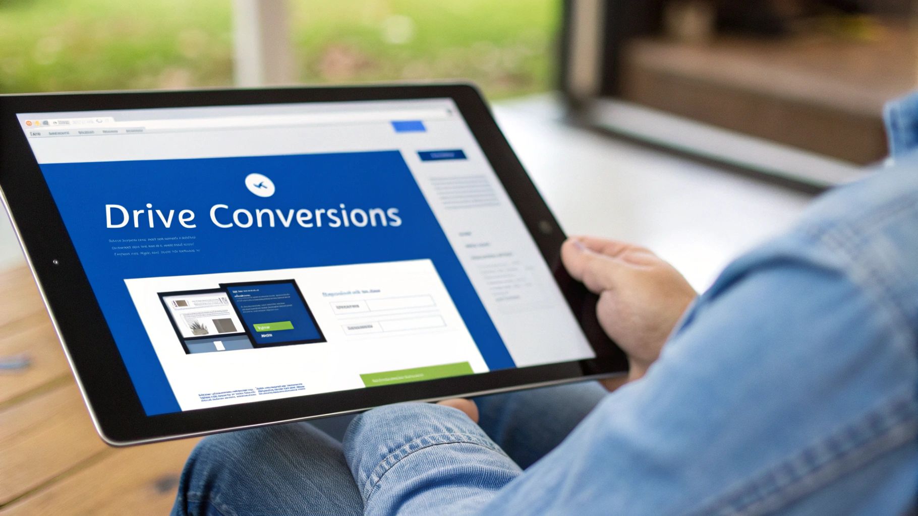Man holds a tablet displaying a blue and white website titled 'Drive Conversions' with forms.
