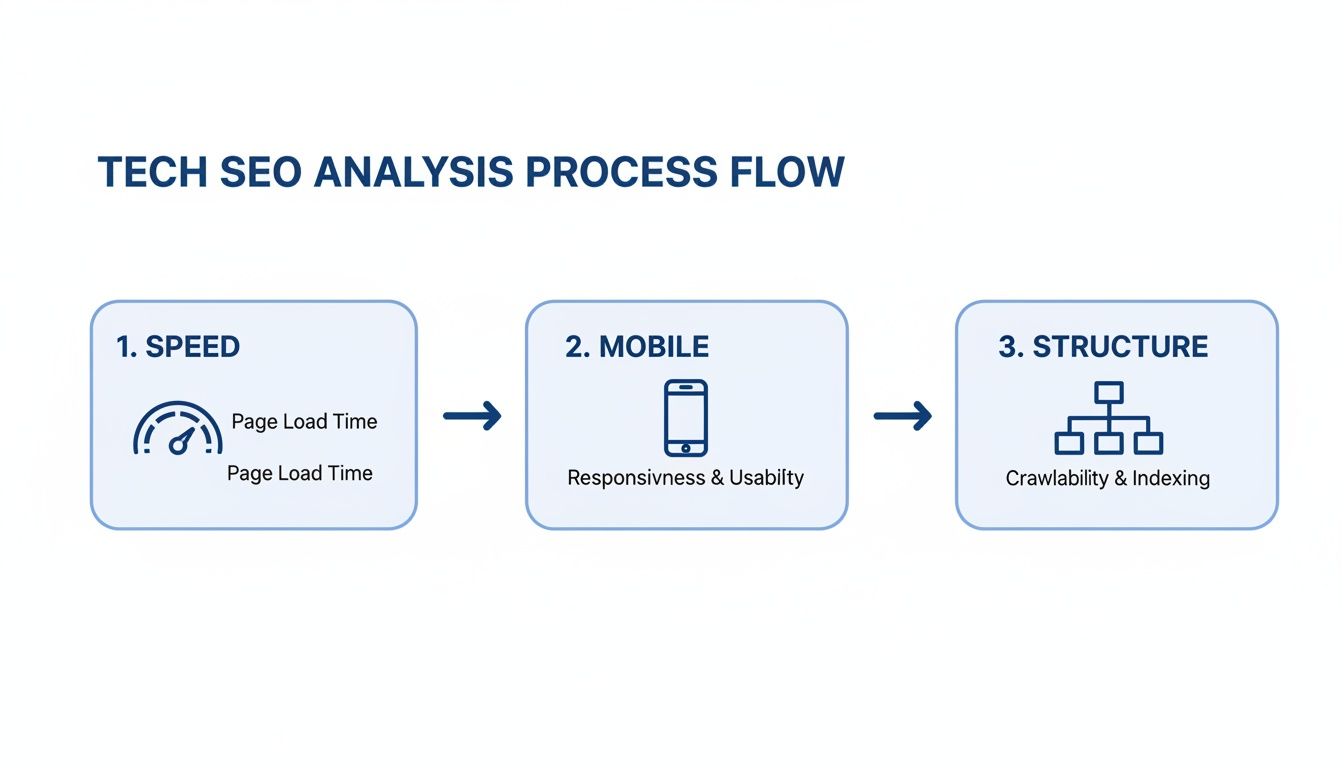 A technical SEO analysis process flow diagram illustrating steps for website speed, mobile, and structure.