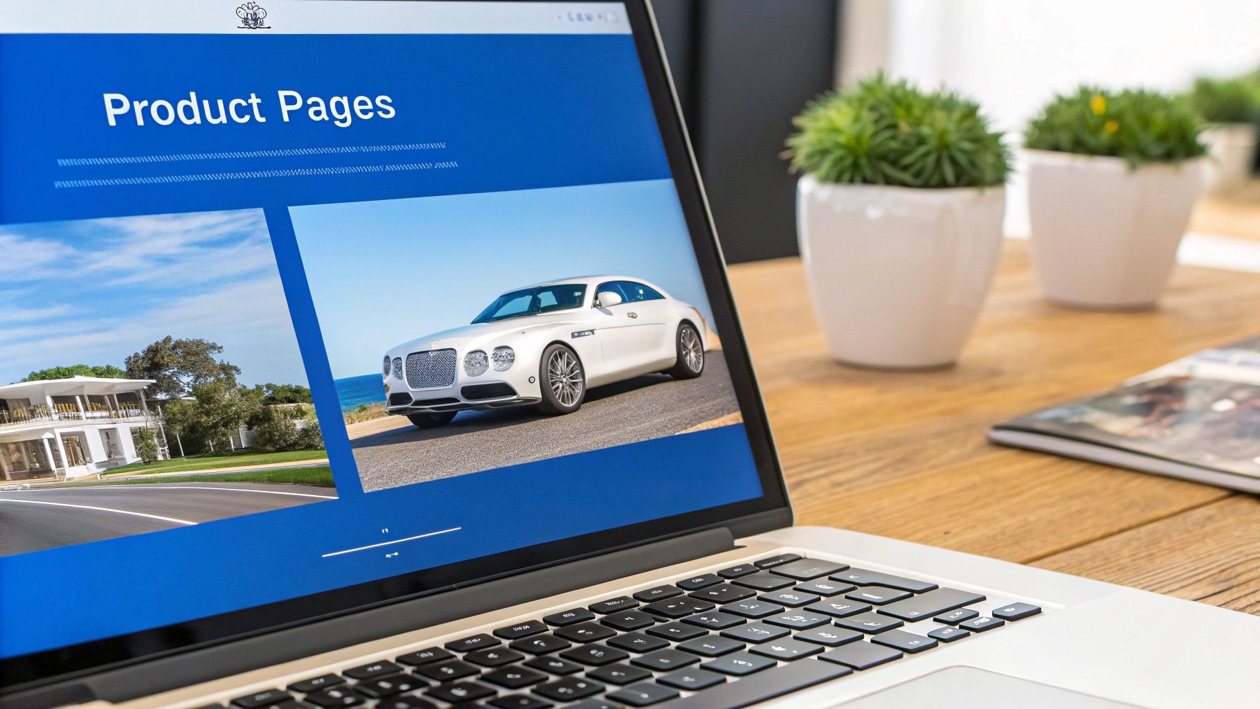 A laptop displays 'Product Pages' featuring a luxury white car and a modern house, on a wooden desk.