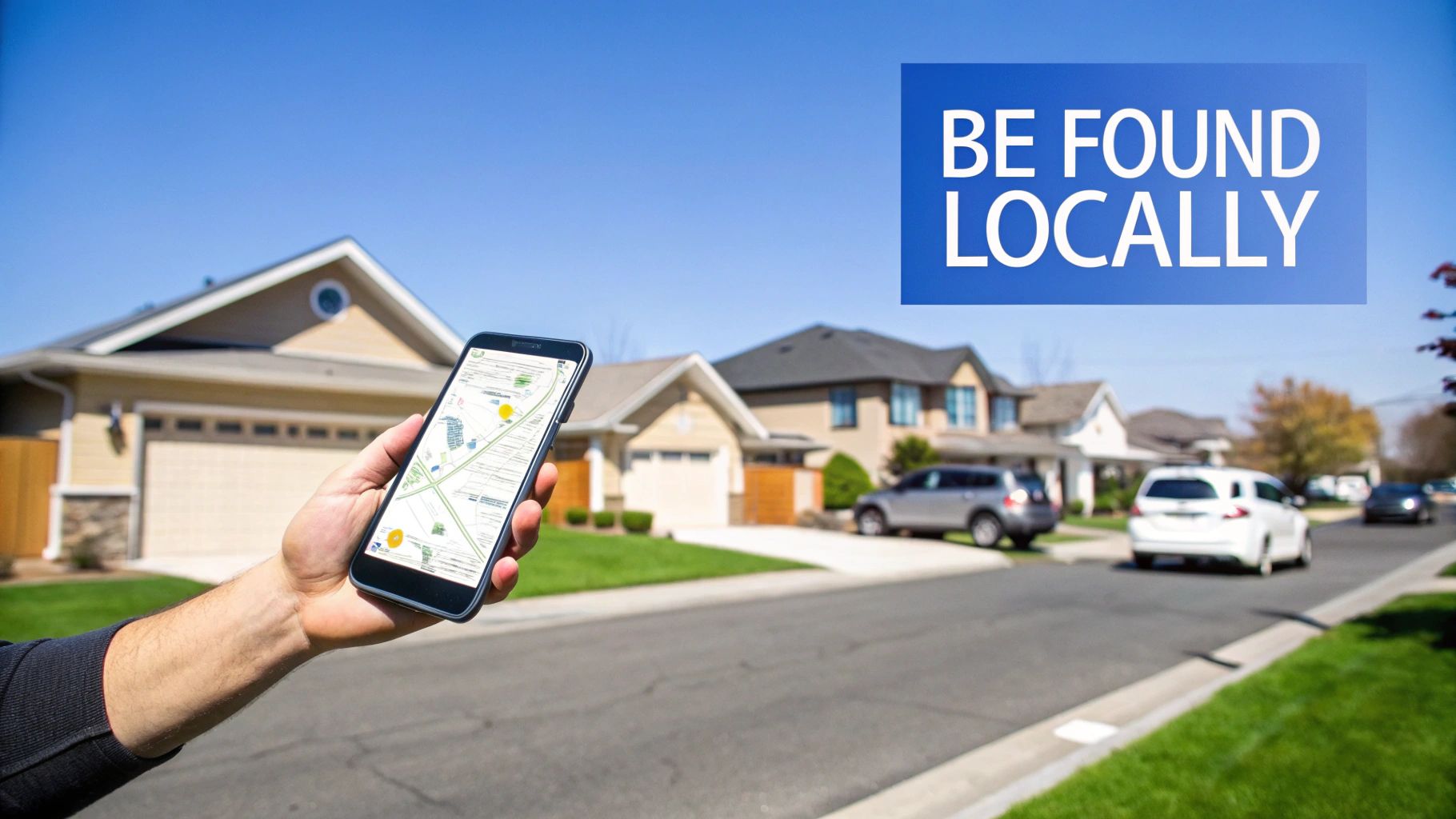 Hand holds a smartphone showing a map in a suburban street, with a 'BE FOUND LOCALLY' banner.