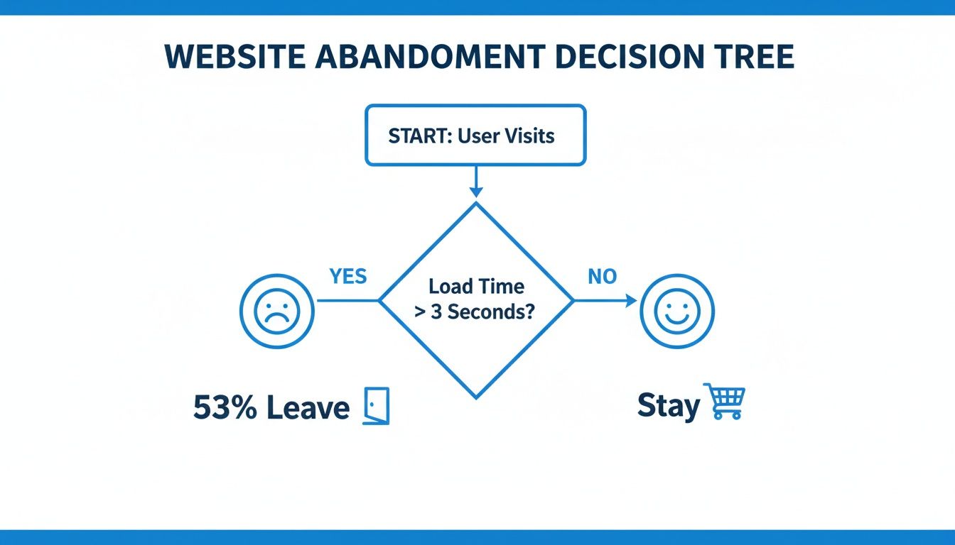 Decision tree illustrating website abandonment; 53% leave if load time exceeds 3 seconds, users stay if faster.