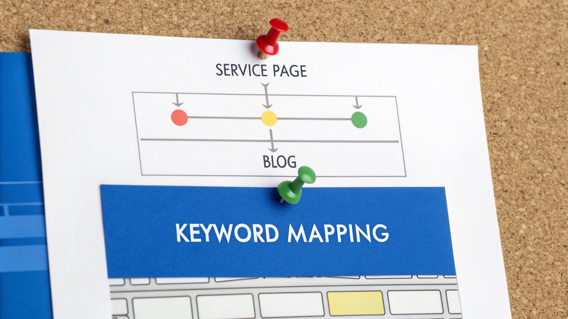 A diagram illustrating keyword mapping strategy for service pages and blog content, pinned on a cork board.