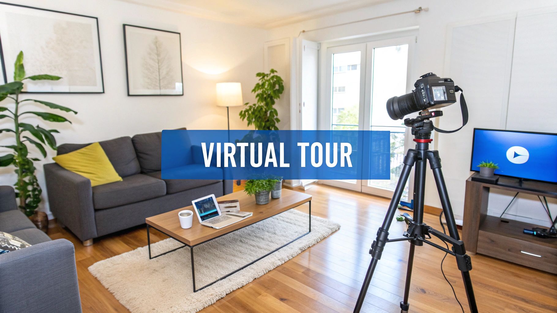 A living room prepared for a virtual tour with a camera on a tripod and a laptop on the coffee table.